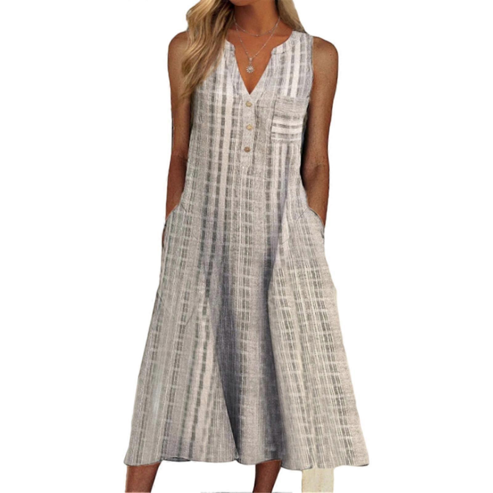 Sommerkjole til kvinder med lommer Button Down Casual Løs Ærmeløs Midi Kjole