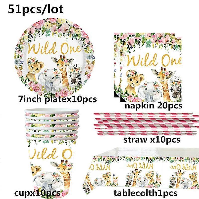 1set Pink Wild Egy lány 1. születésnapi parti téma Étkészlet Papírtányérok Csésze Dzsungel Szafari parti kellékek babaváró gyerekek Dec