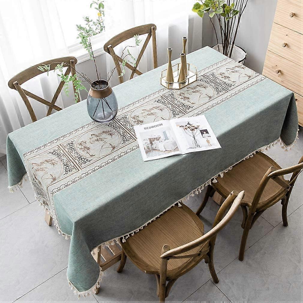 Vintage Cotton Linen Table Cloth Rectangle Dust-Proof Tablecloth Stitching Tassel Embroidered Tablecloth for Kitchen Dining (Blue Green, Chinese Style