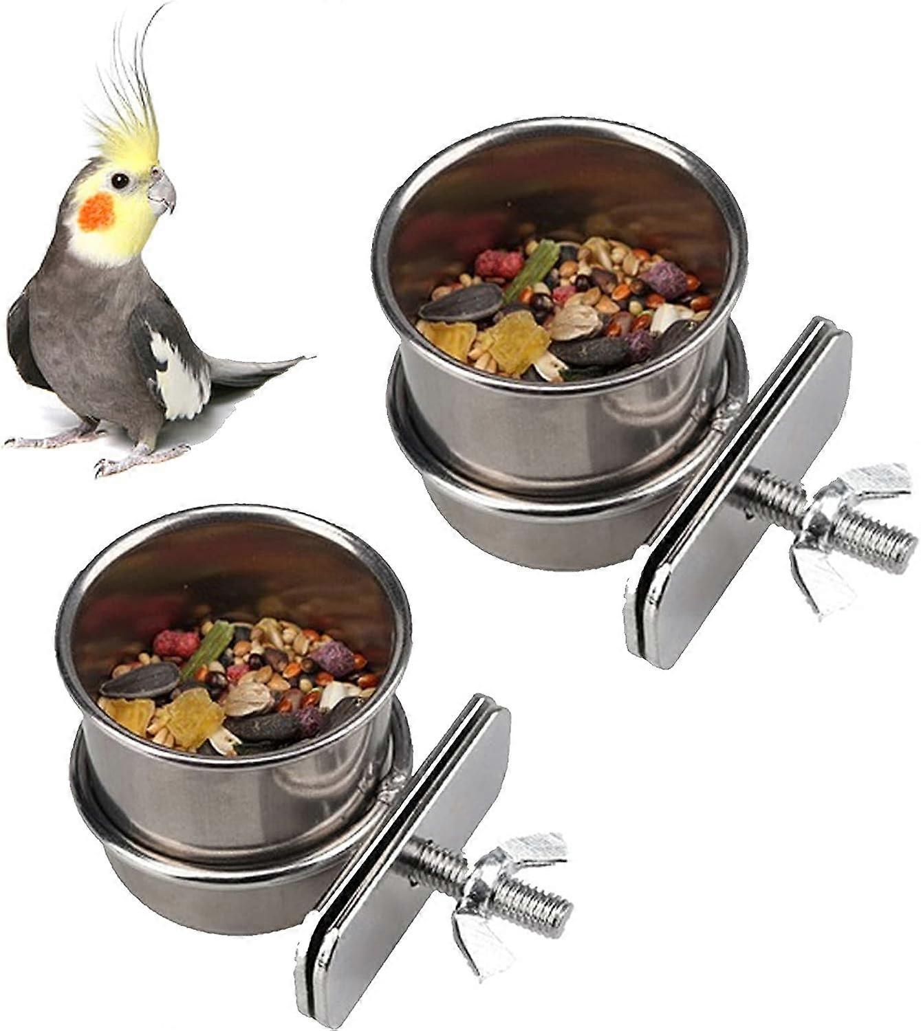 Hanging Stainless Steel Bird Feeder 2 Pieces (4.4cm / 5.5cm two pieces) Bird Feeder Bowl with Clamp Holder for Parrots, Budgies, Cockatiels, Lovebirds
