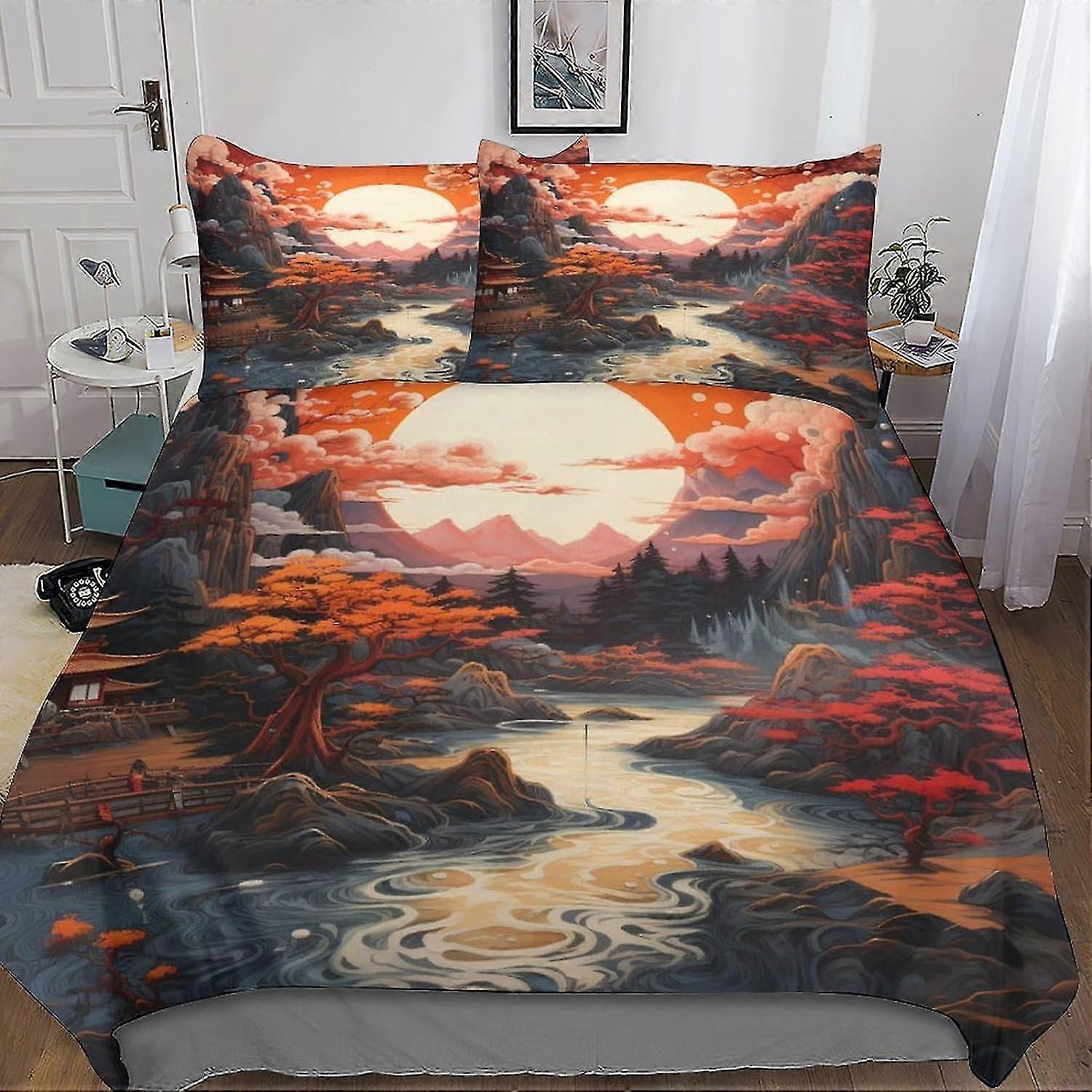o5345 Lençóis River 3D Conjunto de Capa de Edredom para Crianças Meninos Adolescentes, Conjunto de Cama de 3 Peças Capa de Colcha Sunset, Capa de Edredom Com Fronhas Macias
