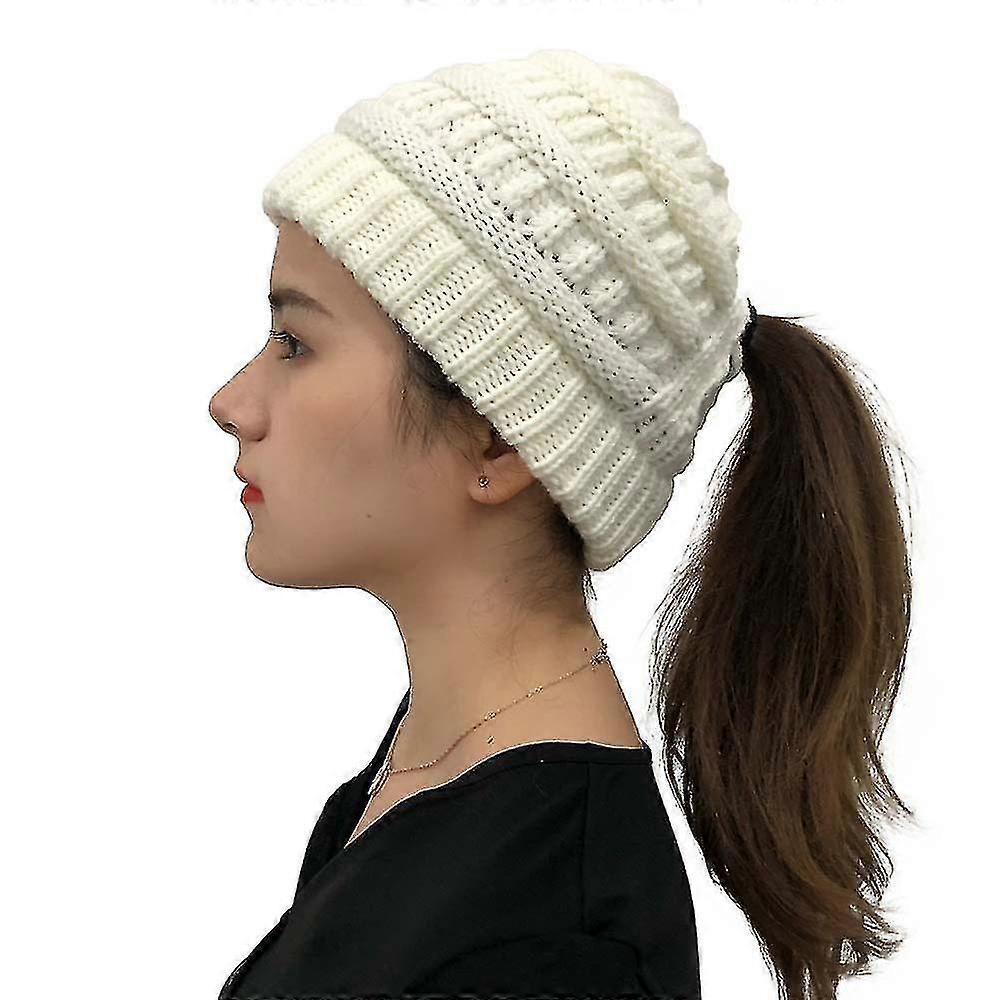 Women Ponytail Messy Bun Caps Stretch Beanie Hat Warm Cable Knitted Hat