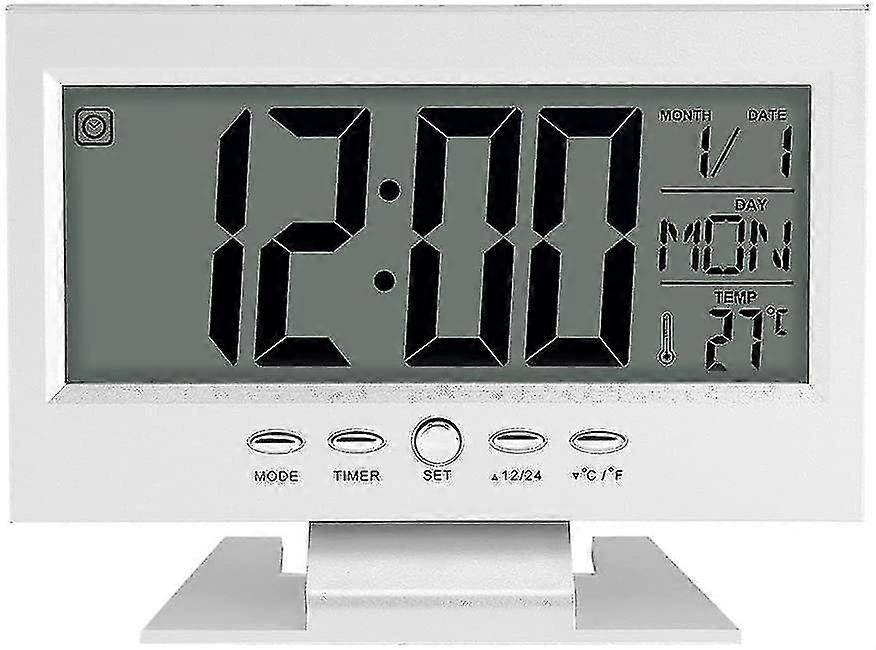 Table Desk Alarm Clock With Smart Nightlight And Snooze Time/date/temperature Display(silver)