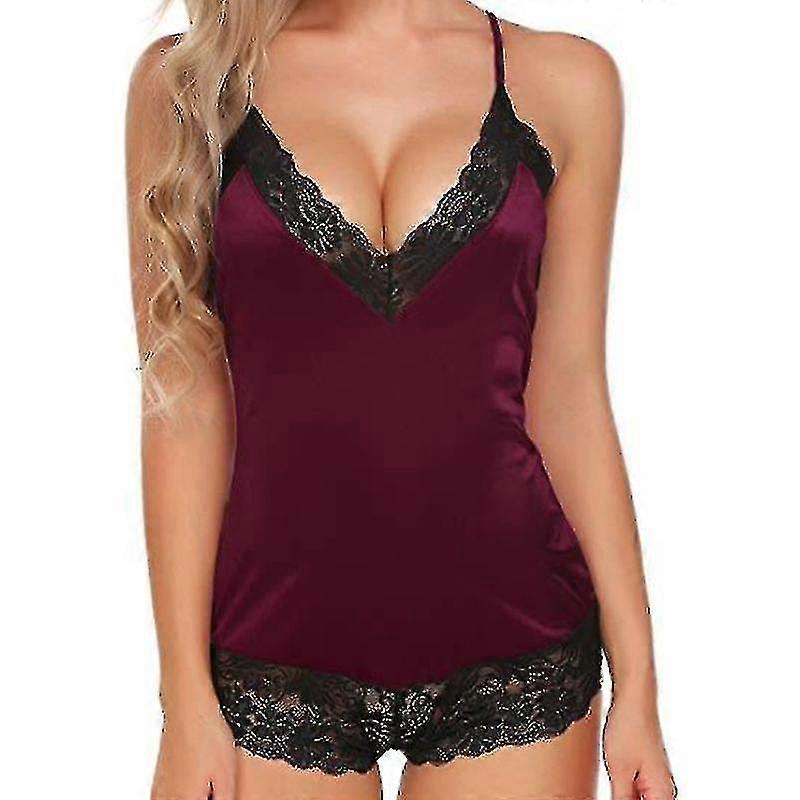 Kvinnor Sexig Satin Spets Bodysuit Se igenom Mesh Underkläder Silke Nattkläder Sovkläder i ett stycke