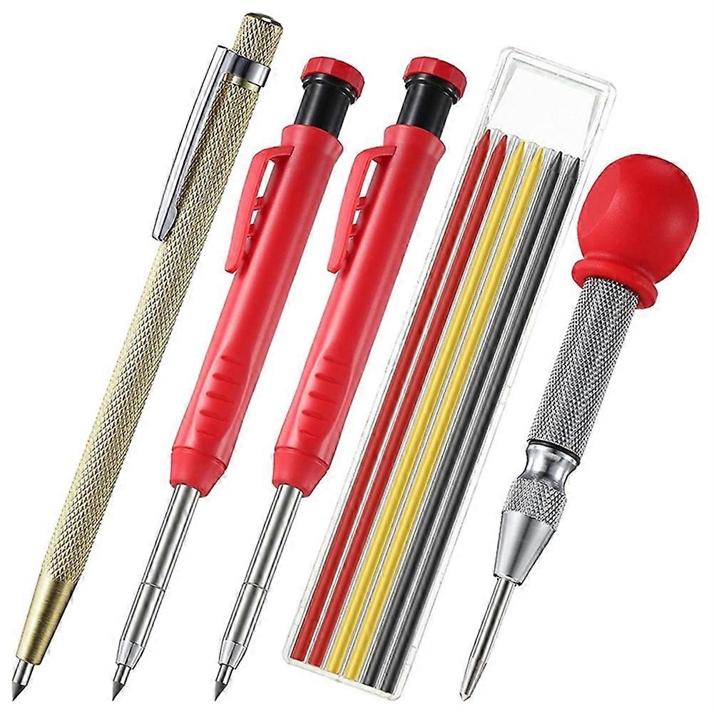 Built-in Sharpener Carpenter Pencils Set With 6PCS Refills Leads Marker Marking Tool Deep Hole Automatic Center Punch Tool