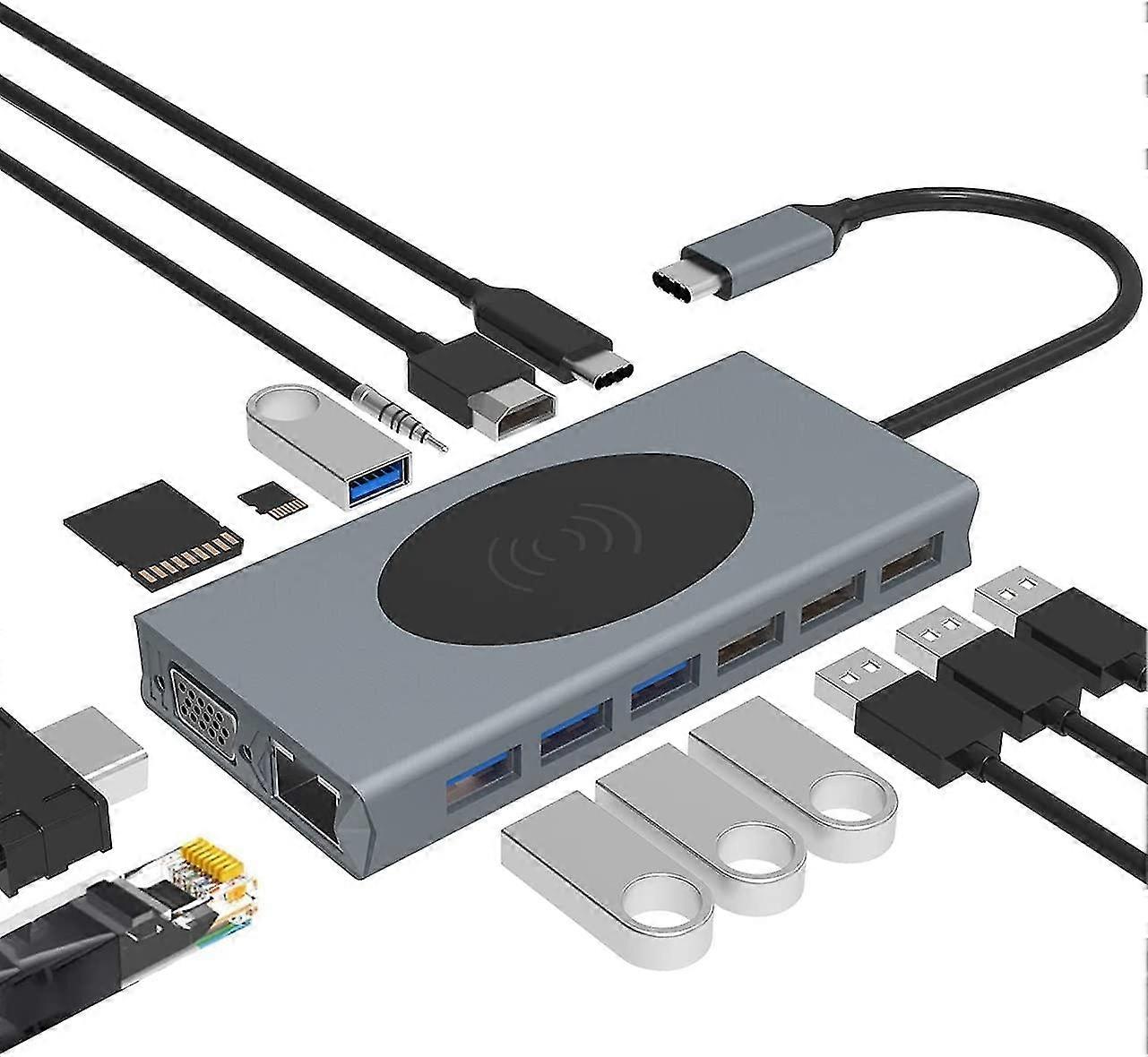 Usb C Hub 15 In 1 Type C Docking Station Usb Splitter With Wireless Charging