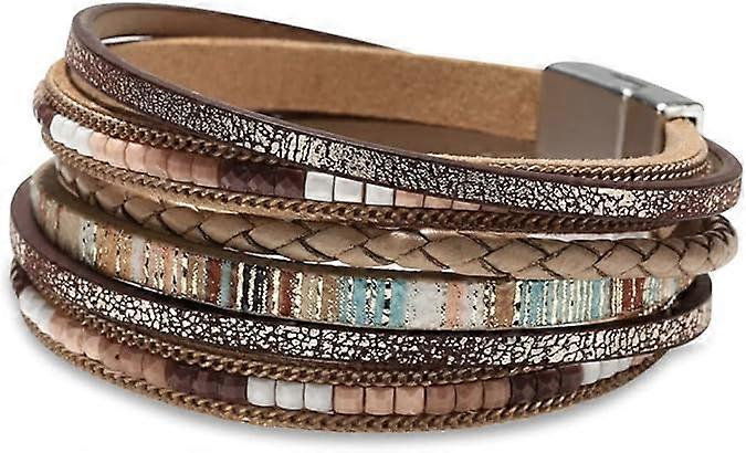 1  PCS  Leather Wrap Bracelets for Women, Boho Leopard Multi-Layer Crystal Beads Cuff
