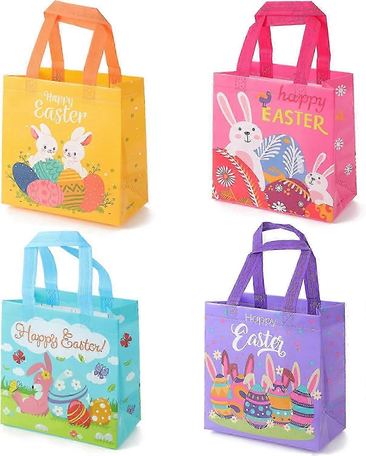 Paquet de 4 sacs fourre-tout réutilisables Sacs cadeaux de Pâques avec poignée, sacs lapin non tissés pliables