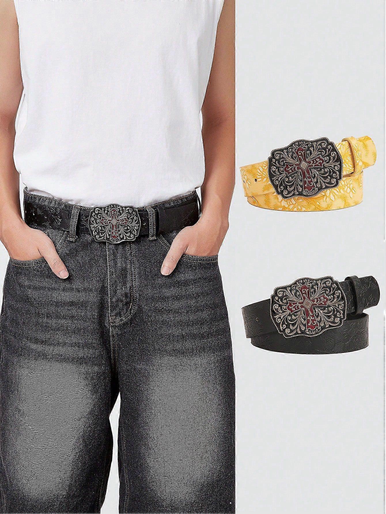 1pc Men's Vintage Western Y2K Cross Metallic Buckle Wine Red Random Asymmetrical Floral Embossed Casual Belt, For Daily Wear