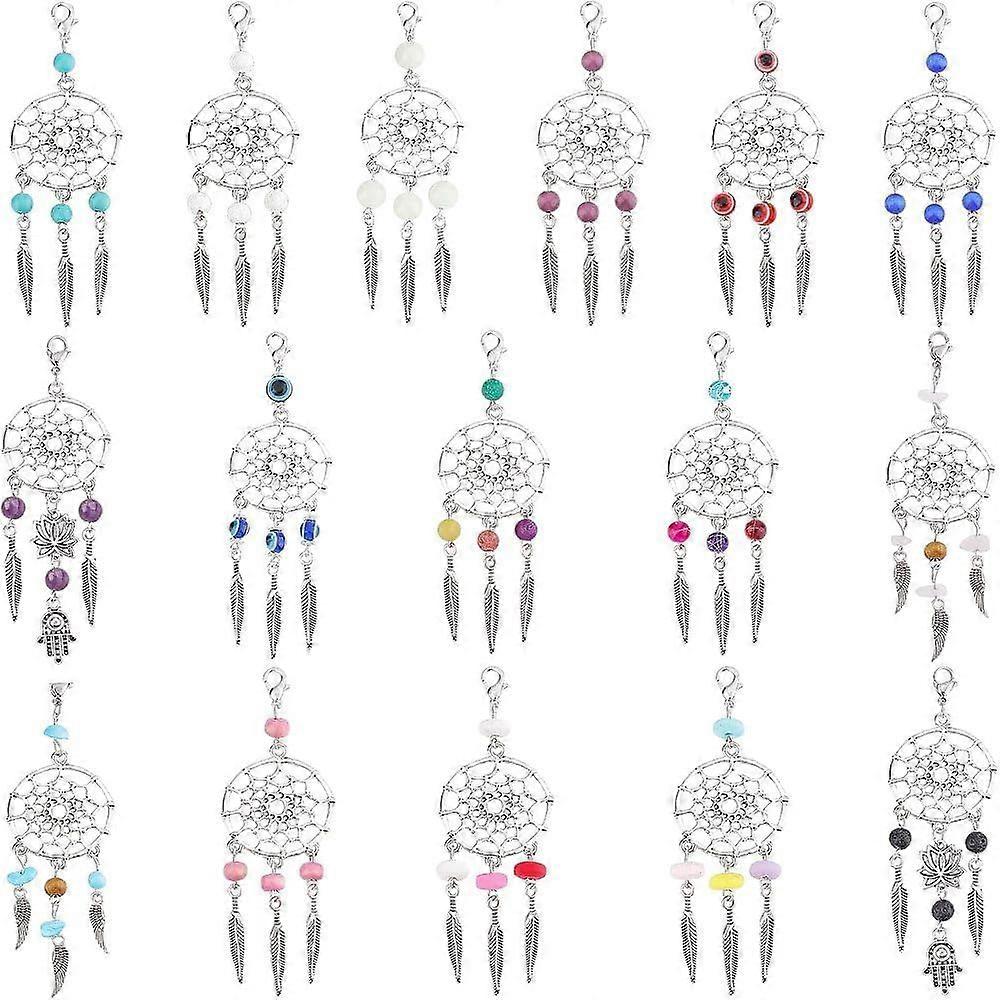 32 Pcs 11 Styles Dreamcatcher Charms Colorful Wood Beads Dream Catcher Pendants with Alloy Findings Lobster Claw Clasps and Feathers