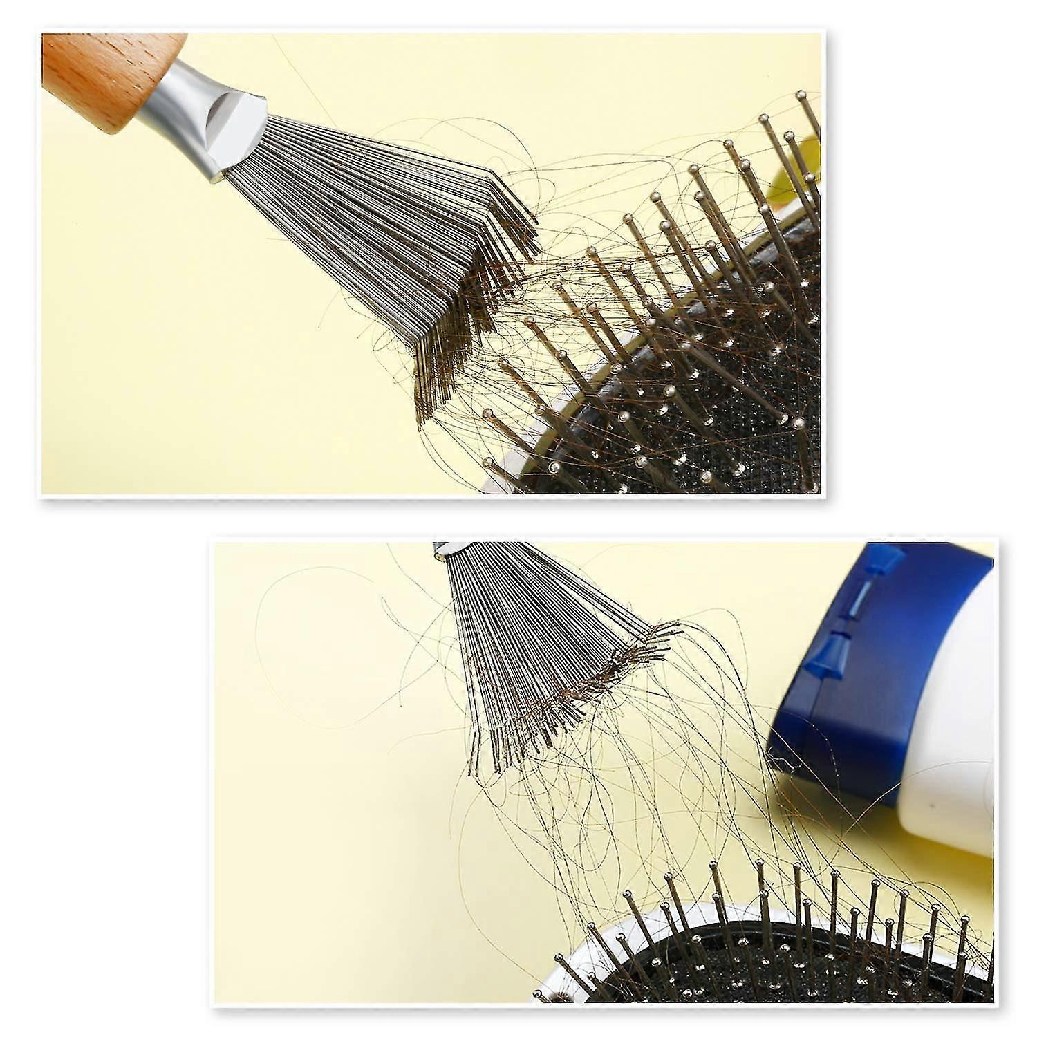 2 Pas Hair Brush Cleaner Cleaning Tool With Metal Wire Rake Wooden Handle For e And Salon Use(handle With Groove),1316