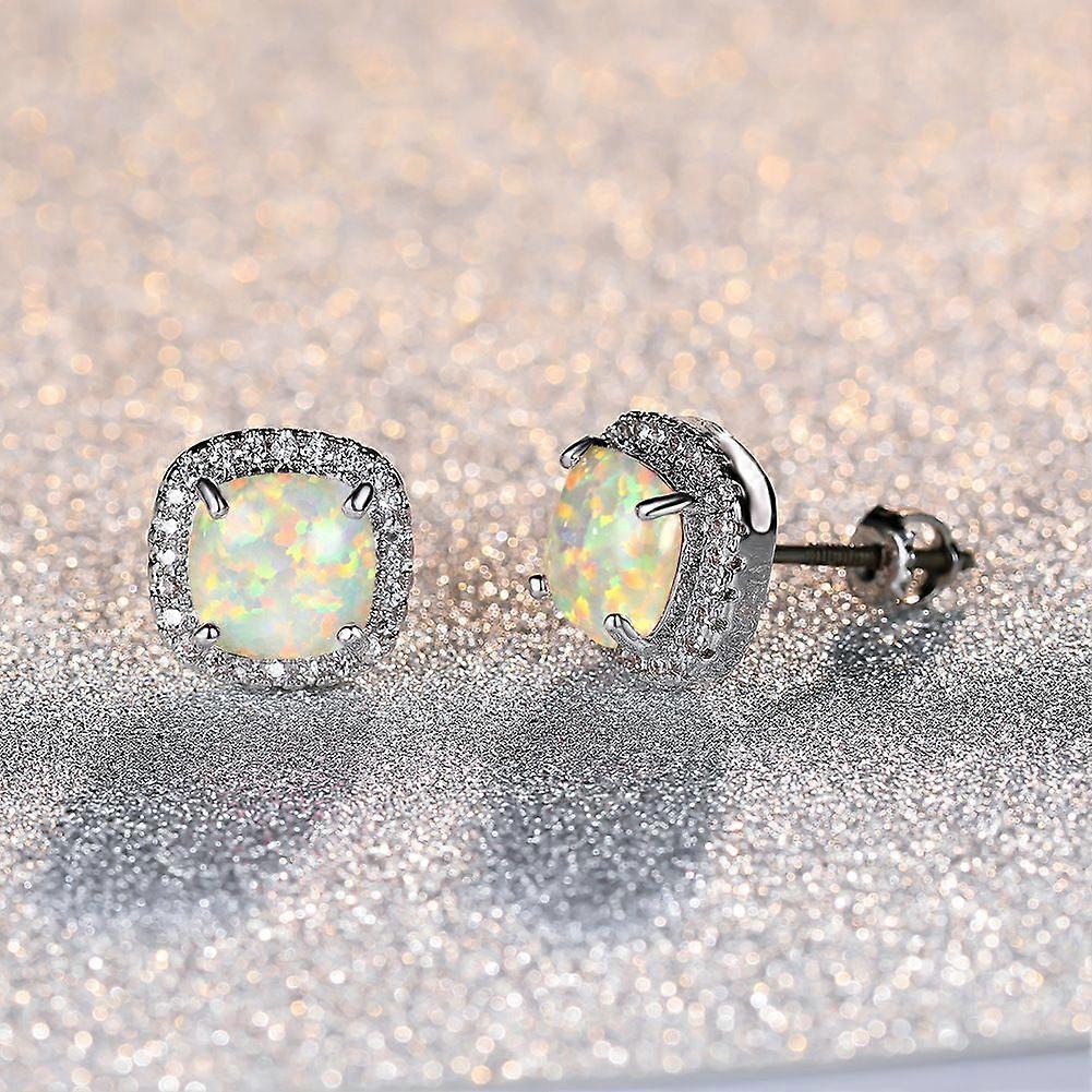 White Gold Plated Created White Opal Stud Earrings