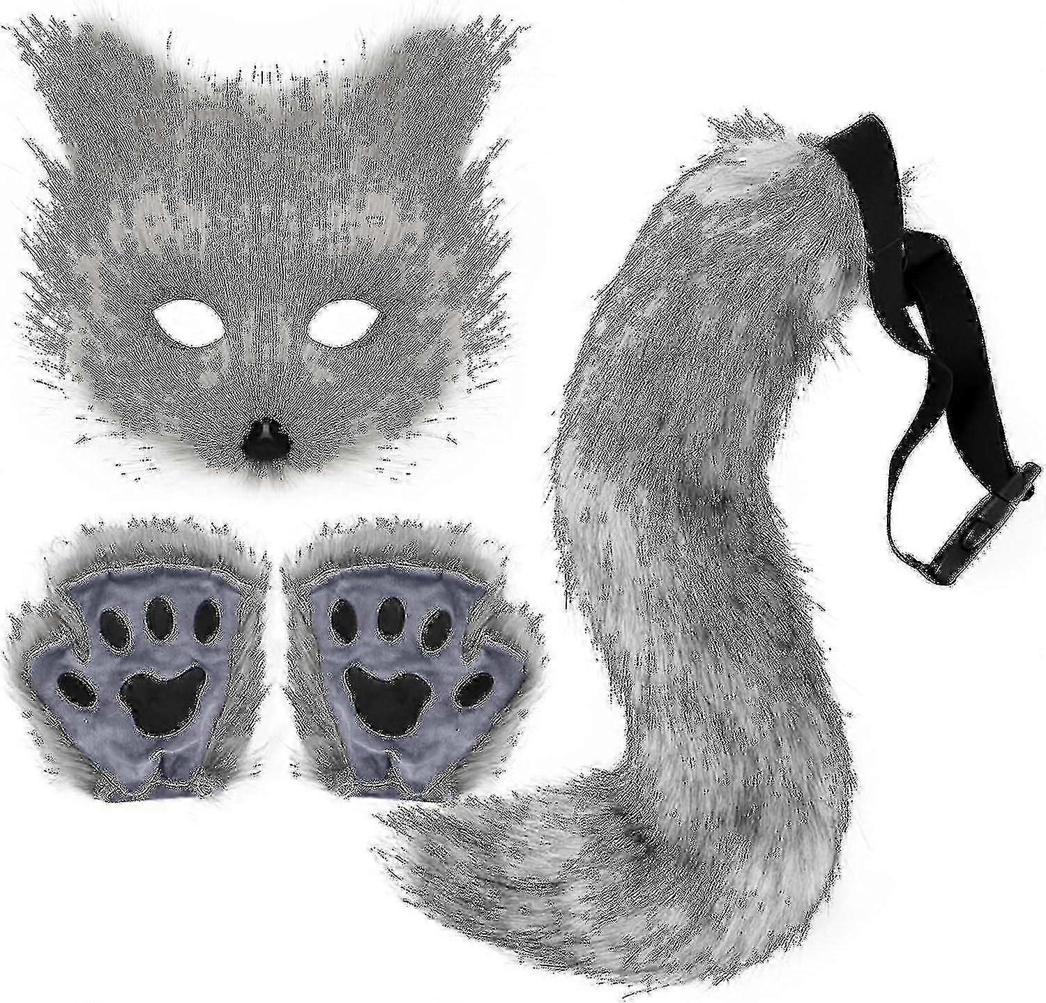 Blană artificială coadă de vulpe pisică lup cosplay costum set mască de pluș pufoasă lăbuță mănuși de halloween Crăciun-9034603765098