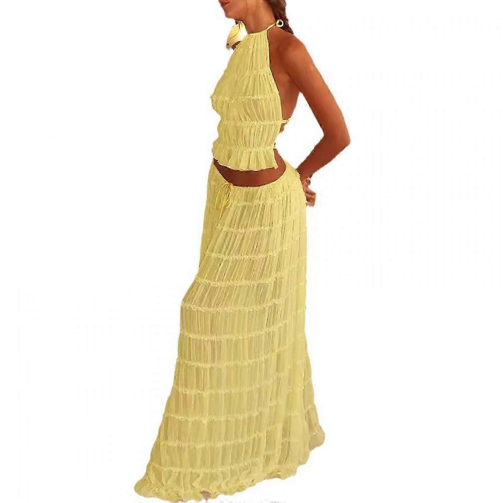 Women's 2 Piece Maxi Skirt Set Y2k Sleeveless Strappy Tank Top And Flowy Maxi Skirt Summer Beach Outfits 2024 -gsla