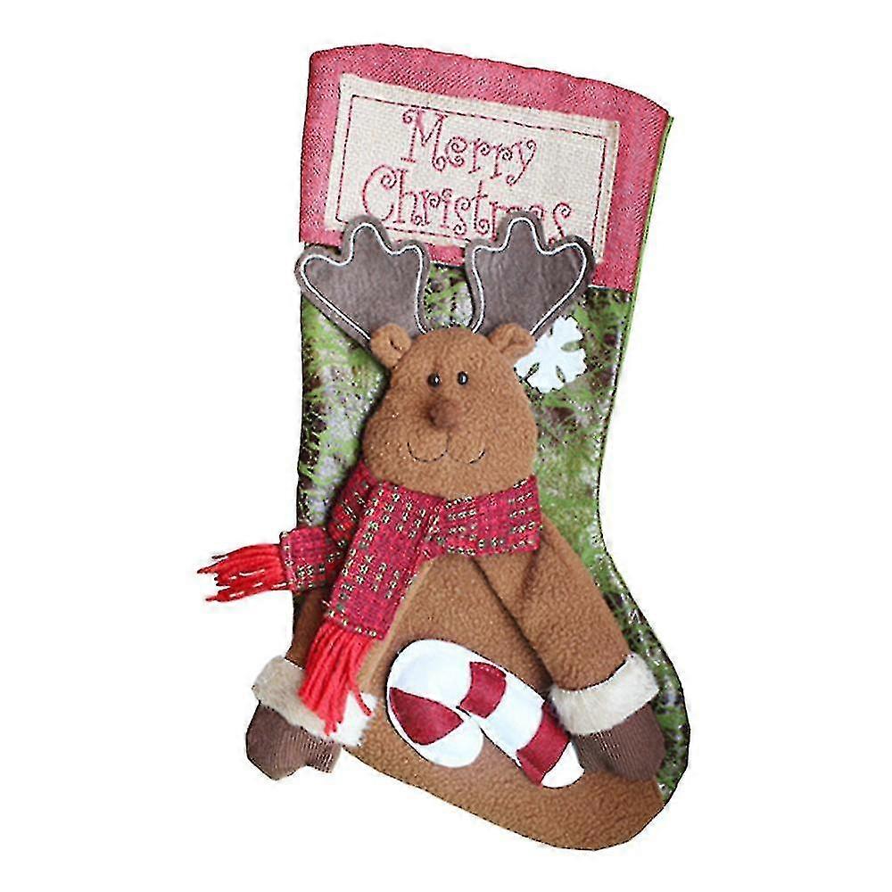 Christmas Stockings, with a Plush Moose Design, Wearing a Red Scarf, and Featuring a "Merry Christmas" Embroidered Patch and Candy - Cane Decoration
