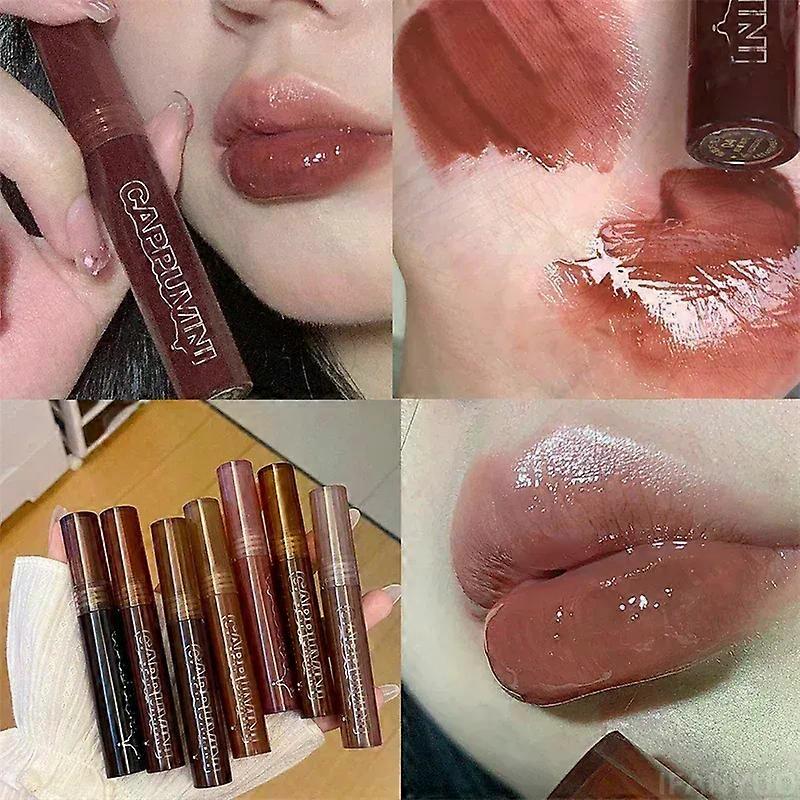 Brillant à lèvres au chocolat longue durée hydrate Brun foncé Glaçage à lèvres Verre transparent Miroir Eau Rouge à lèvres liquide Maquillage clair