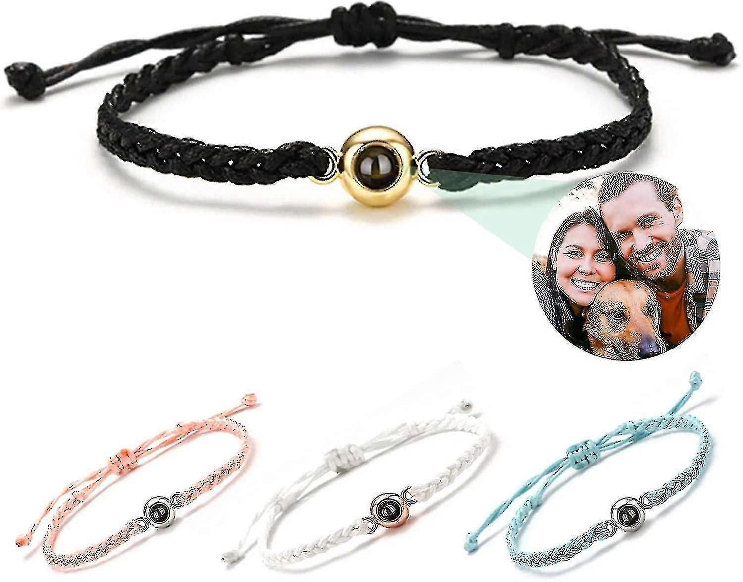 Custom Gift Bracelets With Picture Inside, Personalized Couples Bracelets With Photos, Circle Photo Braided Rope Bracelet, Anniversary Memorial Chain