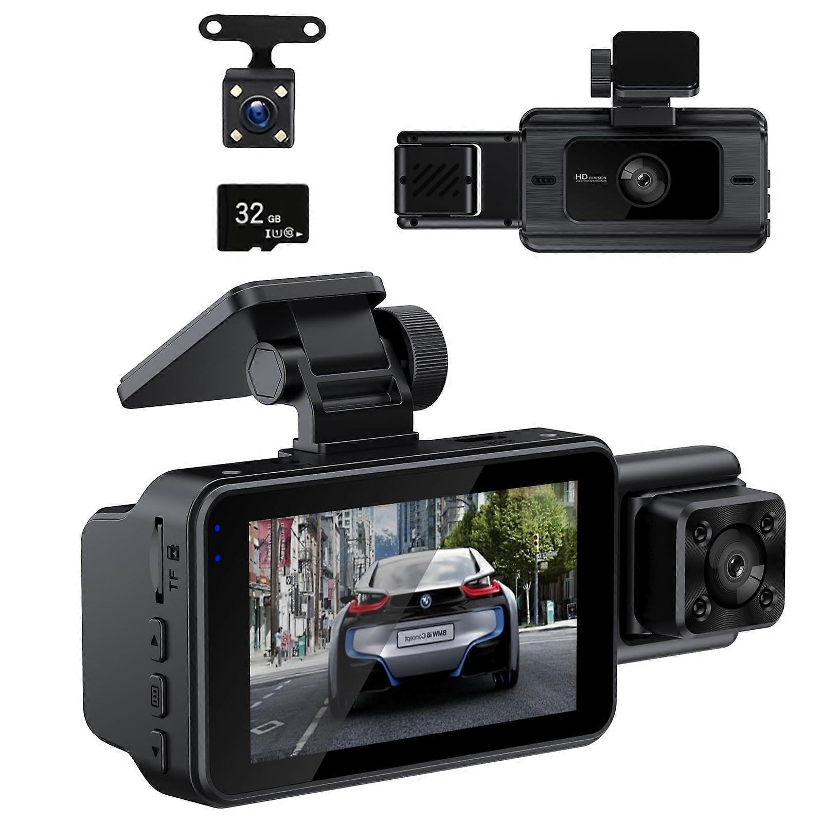 HD Front Dash Cam with Center and Rear Cameras, 1080P Car Recorder with G Sensor, Loop Recording, Free 32GB Card