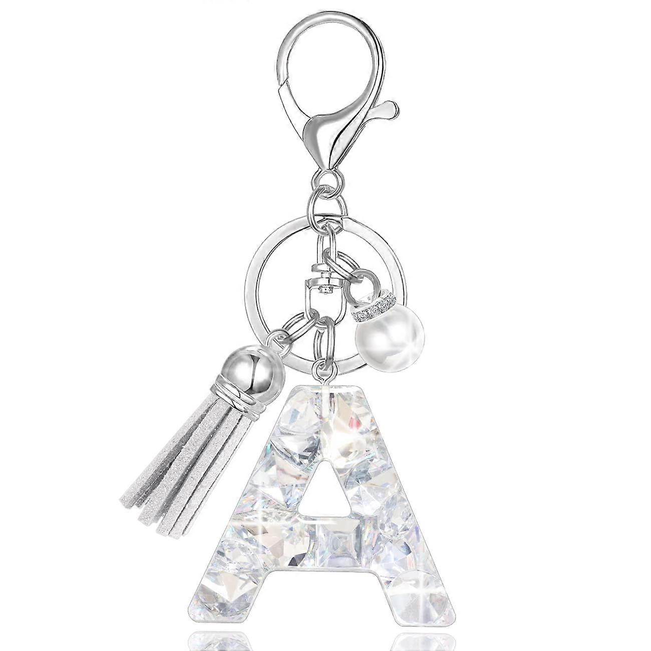 Female Alphabet Letter Keychain with Artificial Diamonds and Tassel, Simulation Pearls Bag Charm Accessory
