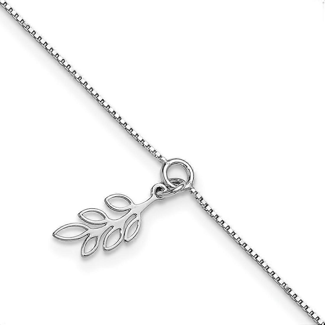 0.8mm 925 Sterling Silver Rhodium Plated Polished Dangle Leaf Plus 1in Extension Anklet 9 Inch-Anklet for Women