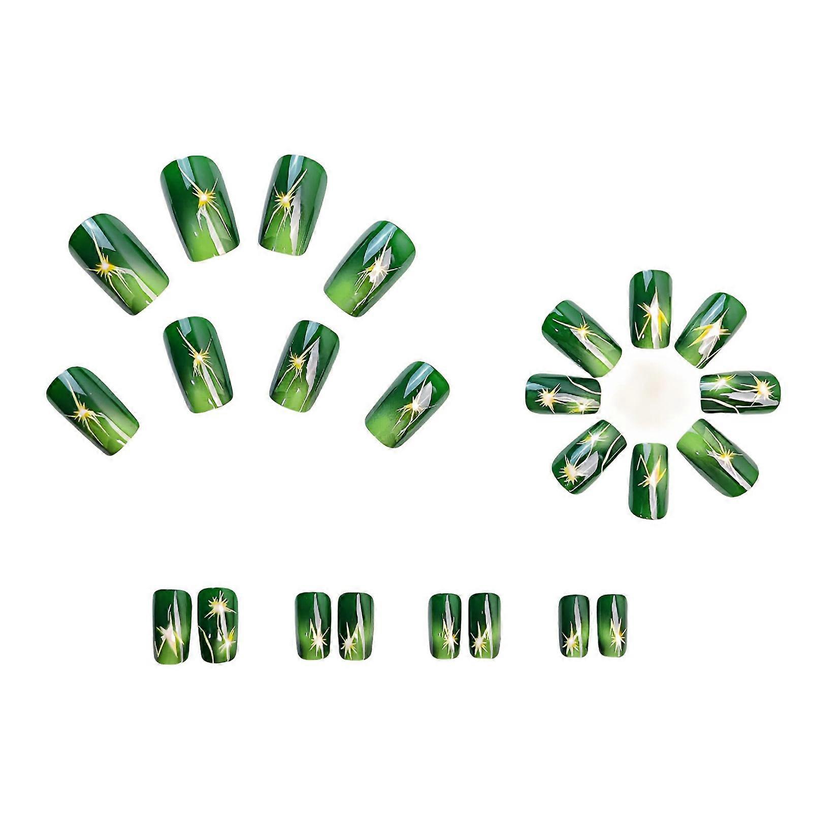 Glossy Green Square Fake Nails with Siderant Print Durable & Never Splitting