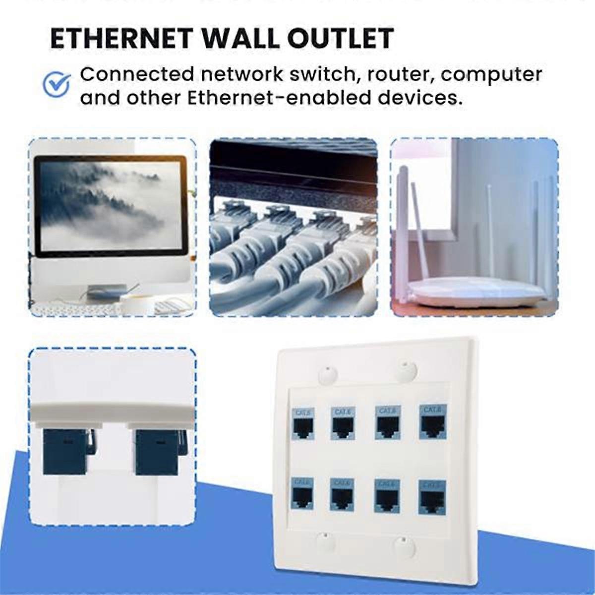 2Pcs Ethernet Wall Plate 8 Port - Double Gang Cat6 RJ45 Jack