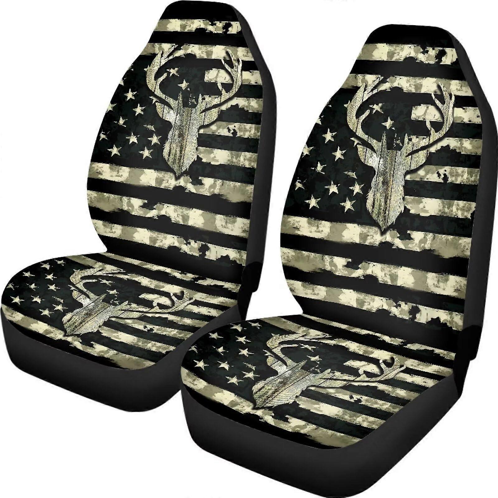 2 PCS Car Seat Covers American Flag Elk Print Breathable High Back Bucket Cushion Protector for SUVs and Sedans