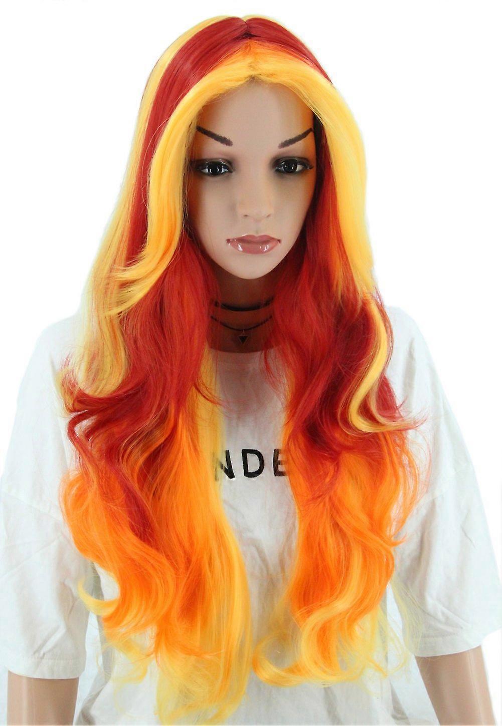 Womens Wigs Long Wave Devil Fire Wig Ombre Colorful Wigs Halloween Costume Cosplay Party Wig Red Orange Yellow