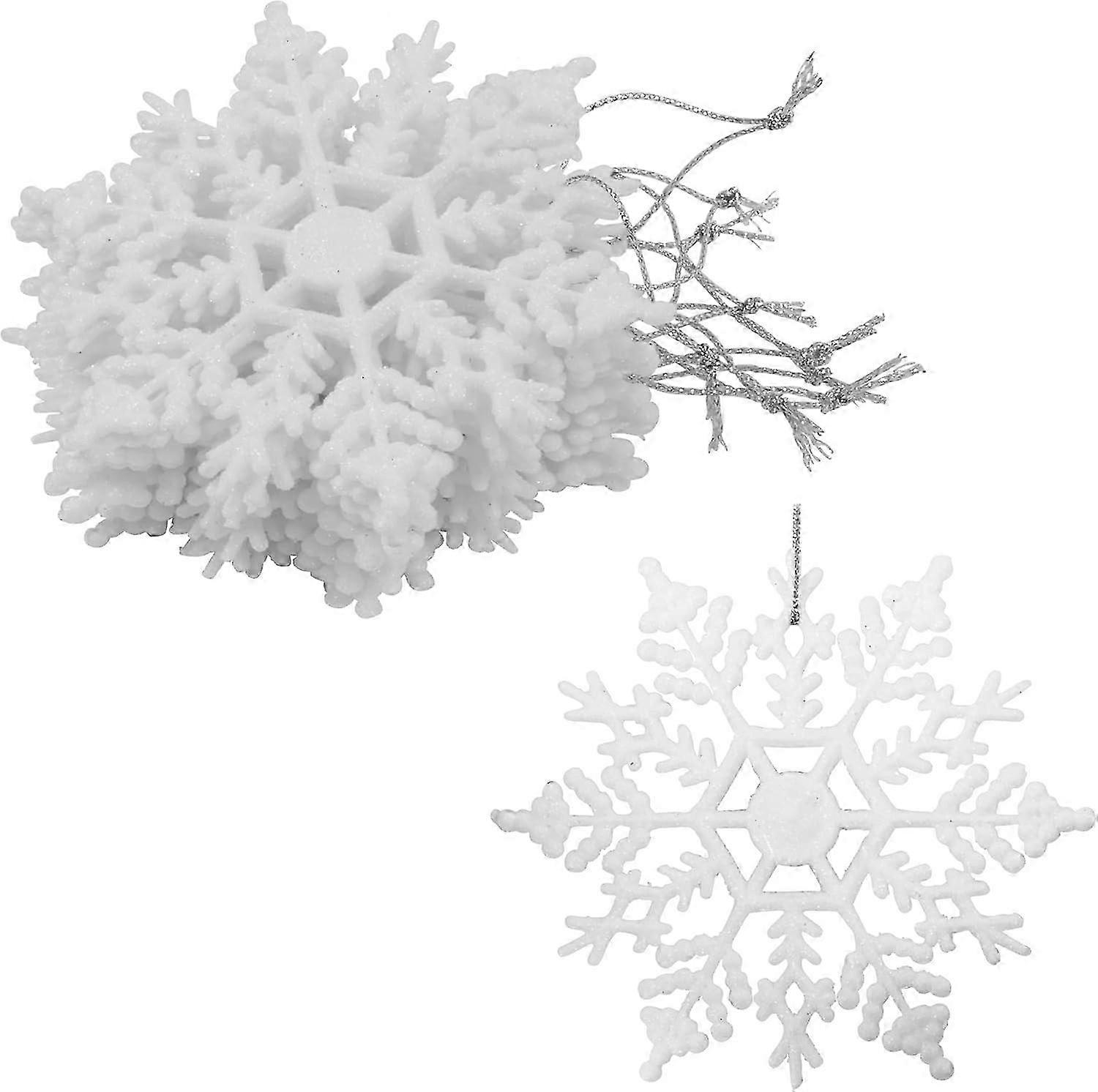 10cmホワイトグリッタースノーフレークオーナメント、クリスマスツリーの装飾用24パック