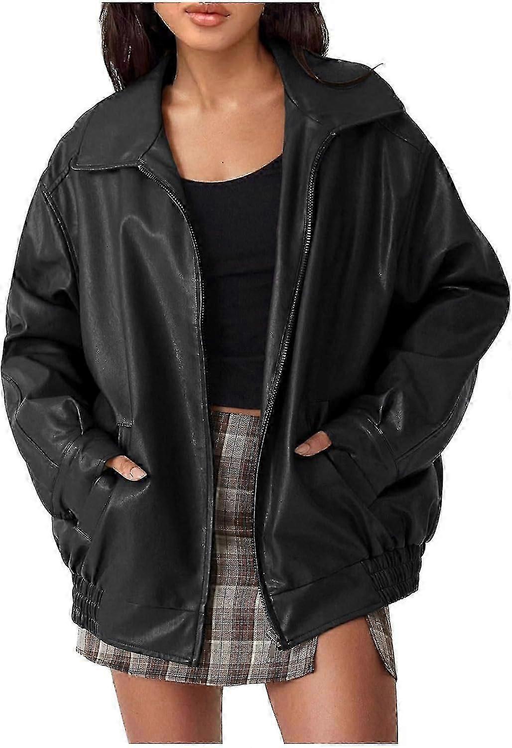Women's Oversized Biker Leather Jacket with Long Sleeve Zipper Closure & Pockets Fall Outerwear