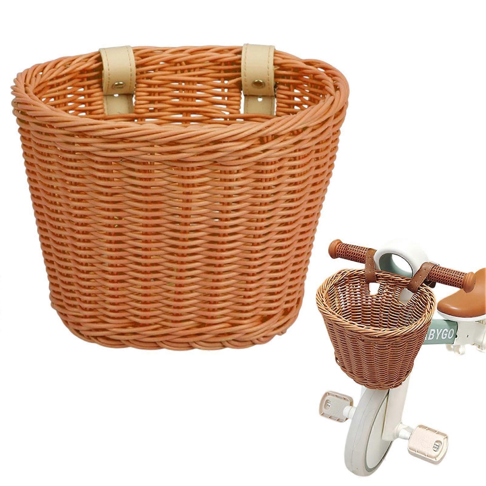 Rattan Bicycle Basket for Children with 2 Adjustable Leather Straps, Front Handlebar Basket for 12 Inch Balance Bikes