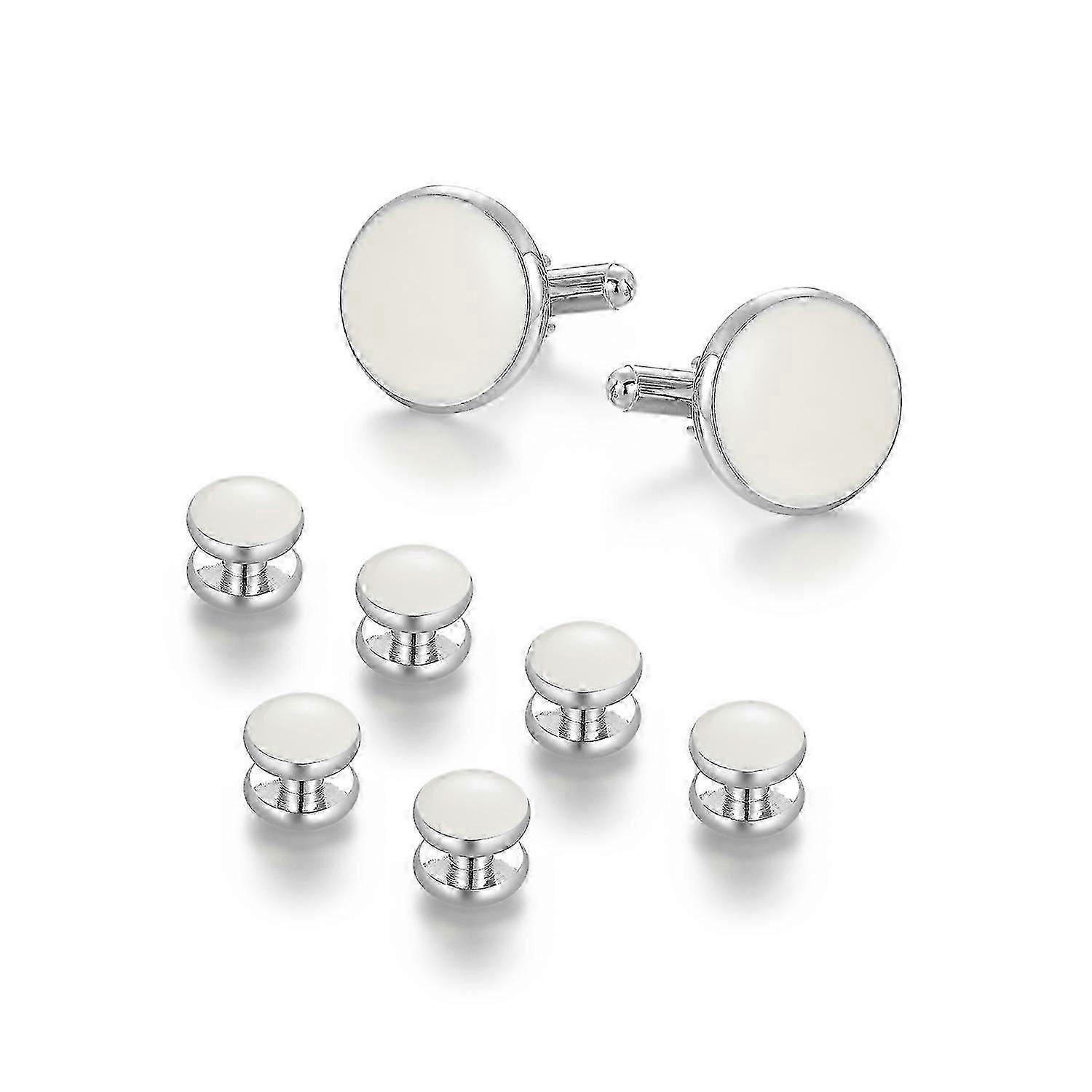 1 Set of 8 Round Cufflinks for Men, Classic White Cufflinks for Tuxedos