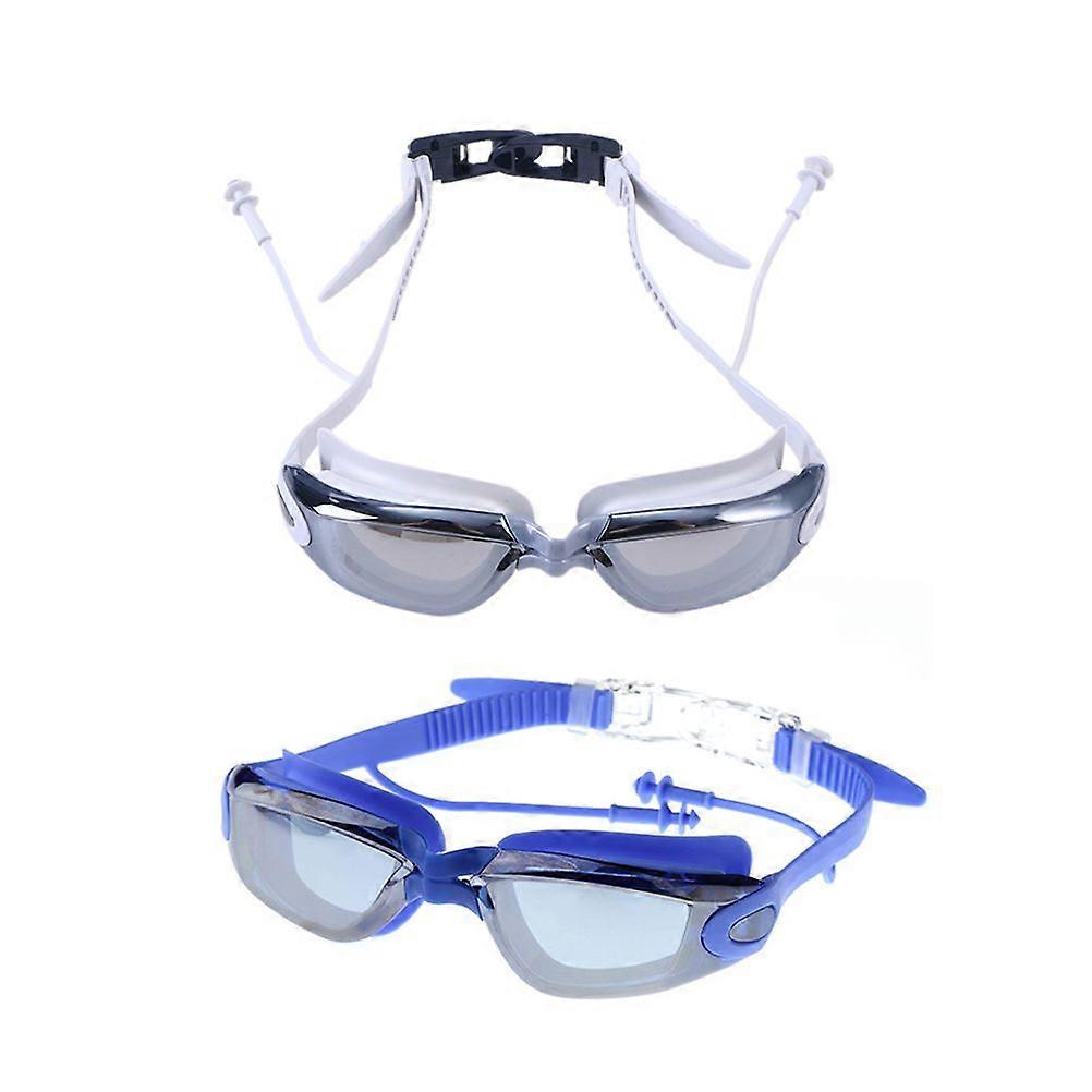 2PCS Unisex Swimming Glasses Suit Solid Color Waterproof Anti-fog Lens Swimming Glasses Equipment with Earplugs and Nose Clip Grey and Blue