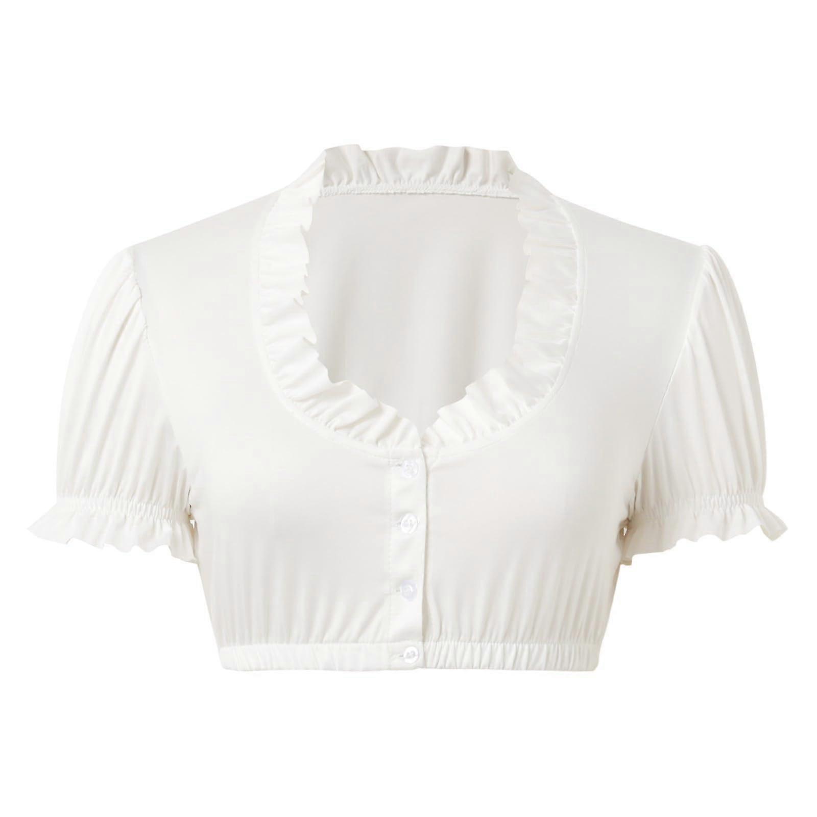 Dirndl Bluse Damen Weiß Trachtenbluse mit Spitze V-Ausschnitt Flügelärmel L für Oktoberfest Traditionskleidung