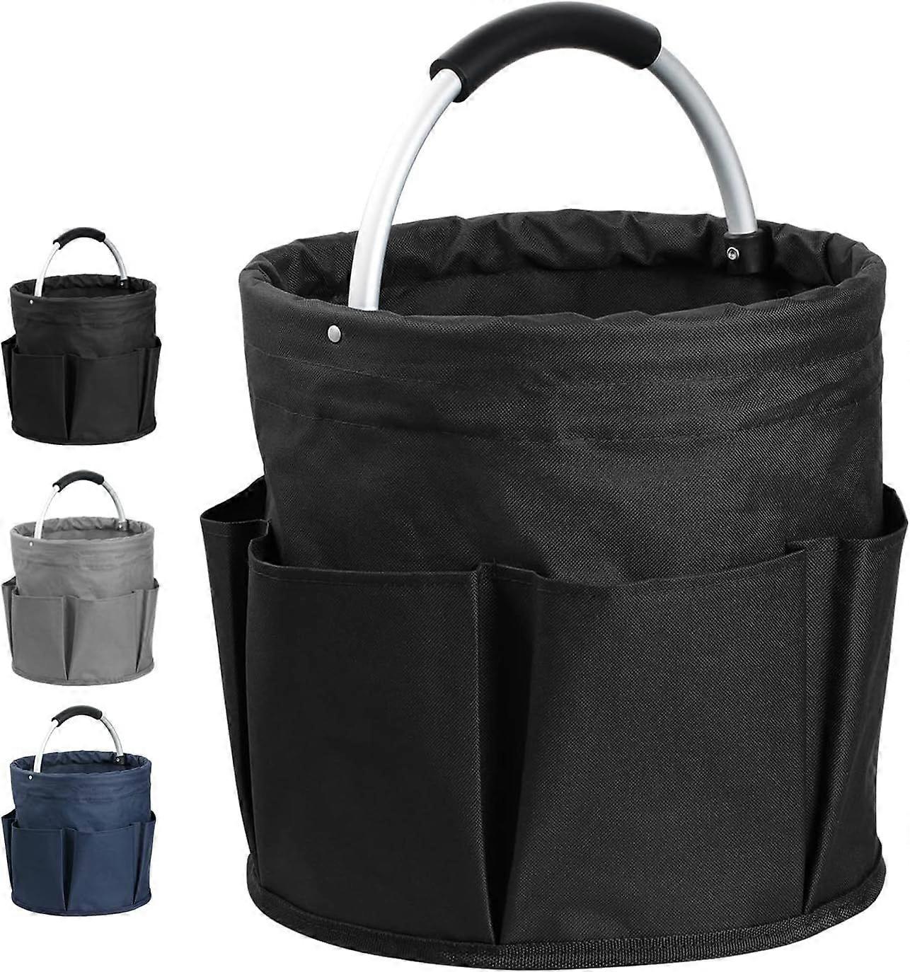 17L Foldable Storage Bin with 6 Outer Pockets - Round Tool Basket, Carrying Basket, Hamper for Home Storage, Shopping, Picnics, Beach, Gardening Tools