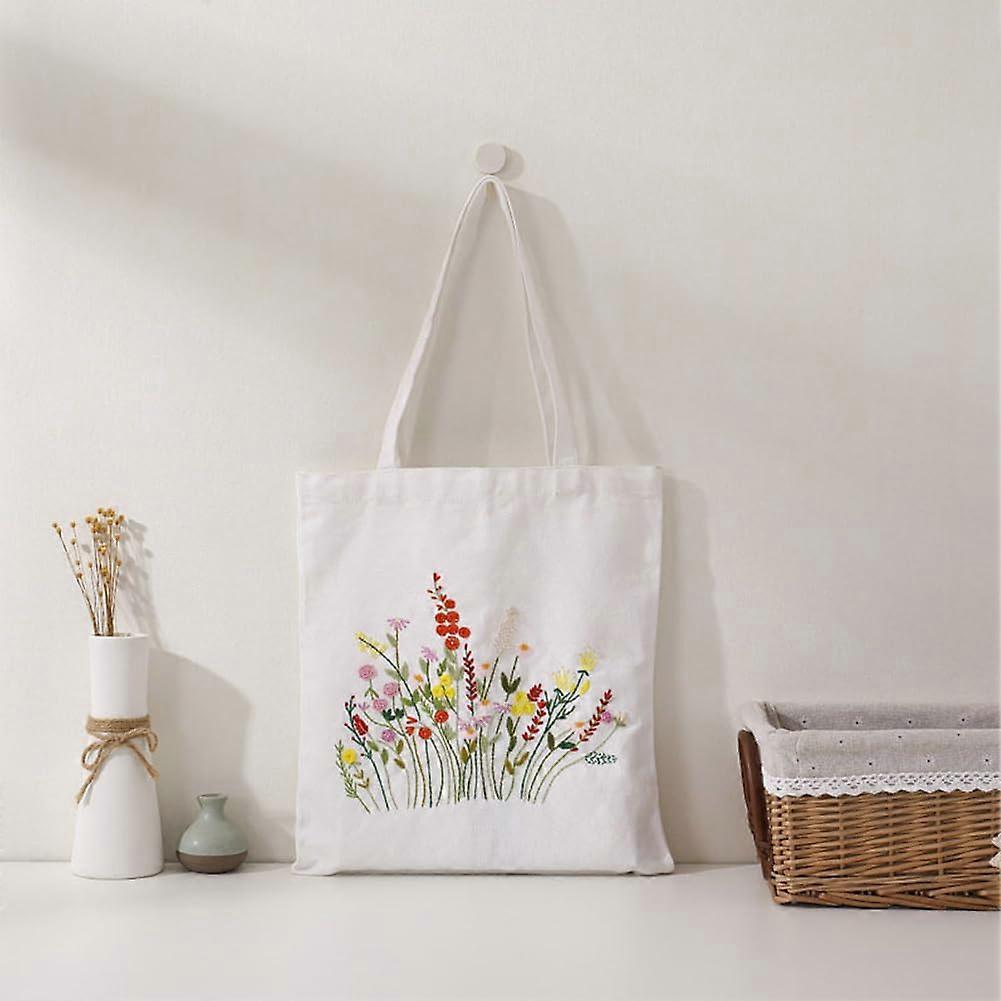 Embroidery Set Beginner Bag, Floral Pattern Canvas with Hoop, Threads, Needles (White)
