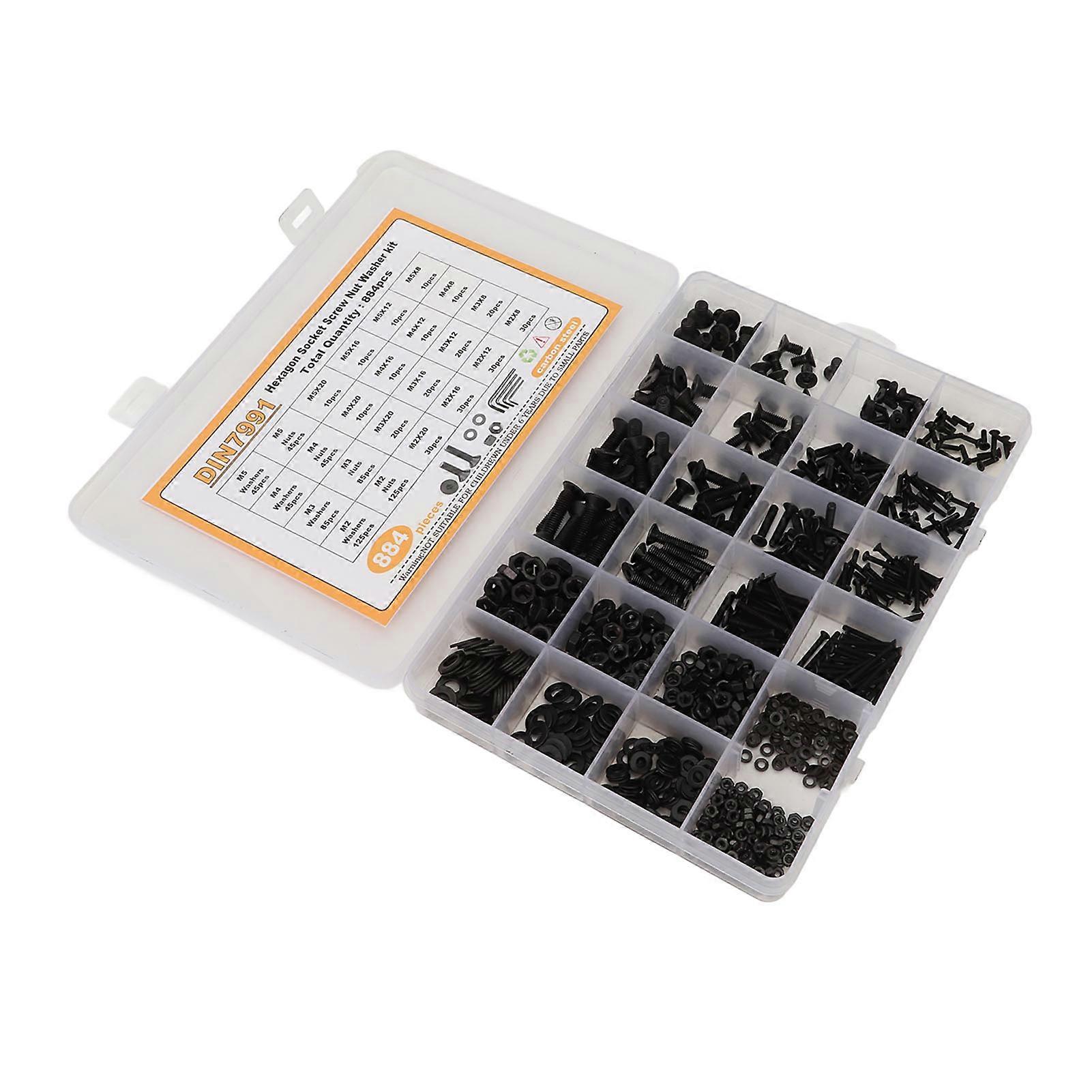 884PCS M2 M3 M4 M5 Carbon Steel Hex Socket Screw Nut Washer Kit with Storage Box Black