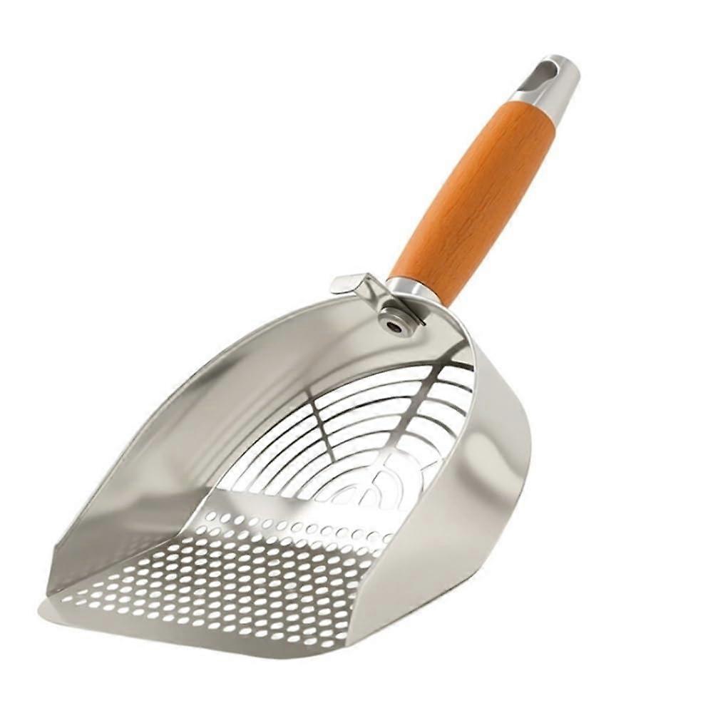Cat litter scoop with wooden handle and round hole, universal for pets, multicolored as shown.