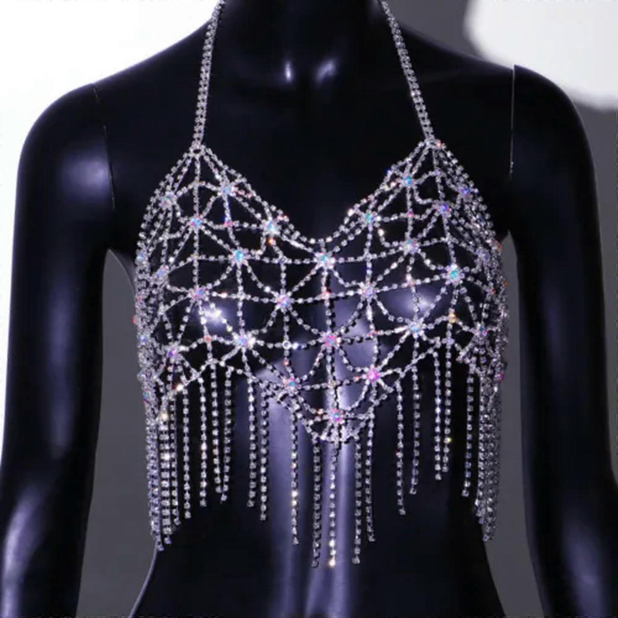 Damen Glitzer Strass Kette Body Bikini Kunstkristall Quasten BH Schmuck Silber Set für Strand und Party