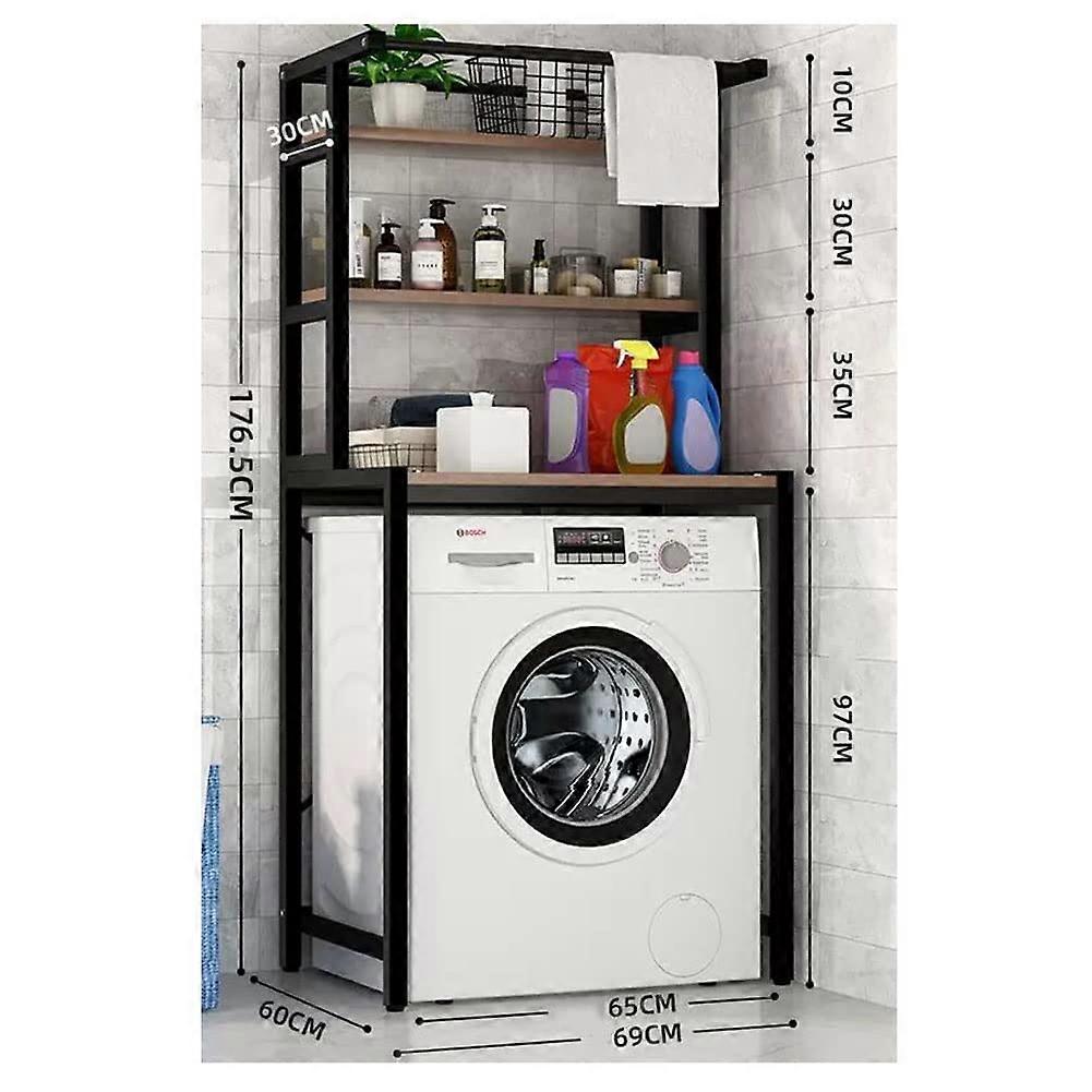 Stable Washing Machine Laundry Rack Black 60x69x176.5cm, Space-Saving Bathroom Rack with Hook for Small Spaces