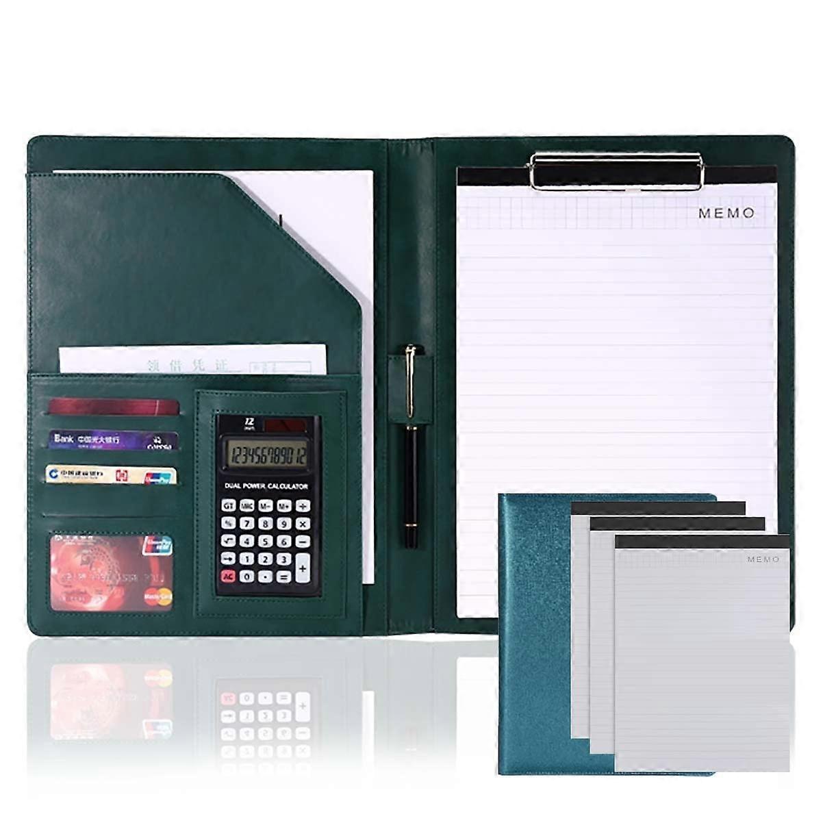 Folder Organiser A4 PU Leather Writing Case Interview And Resume Folder Green Card Holder 12-Digit Calculator