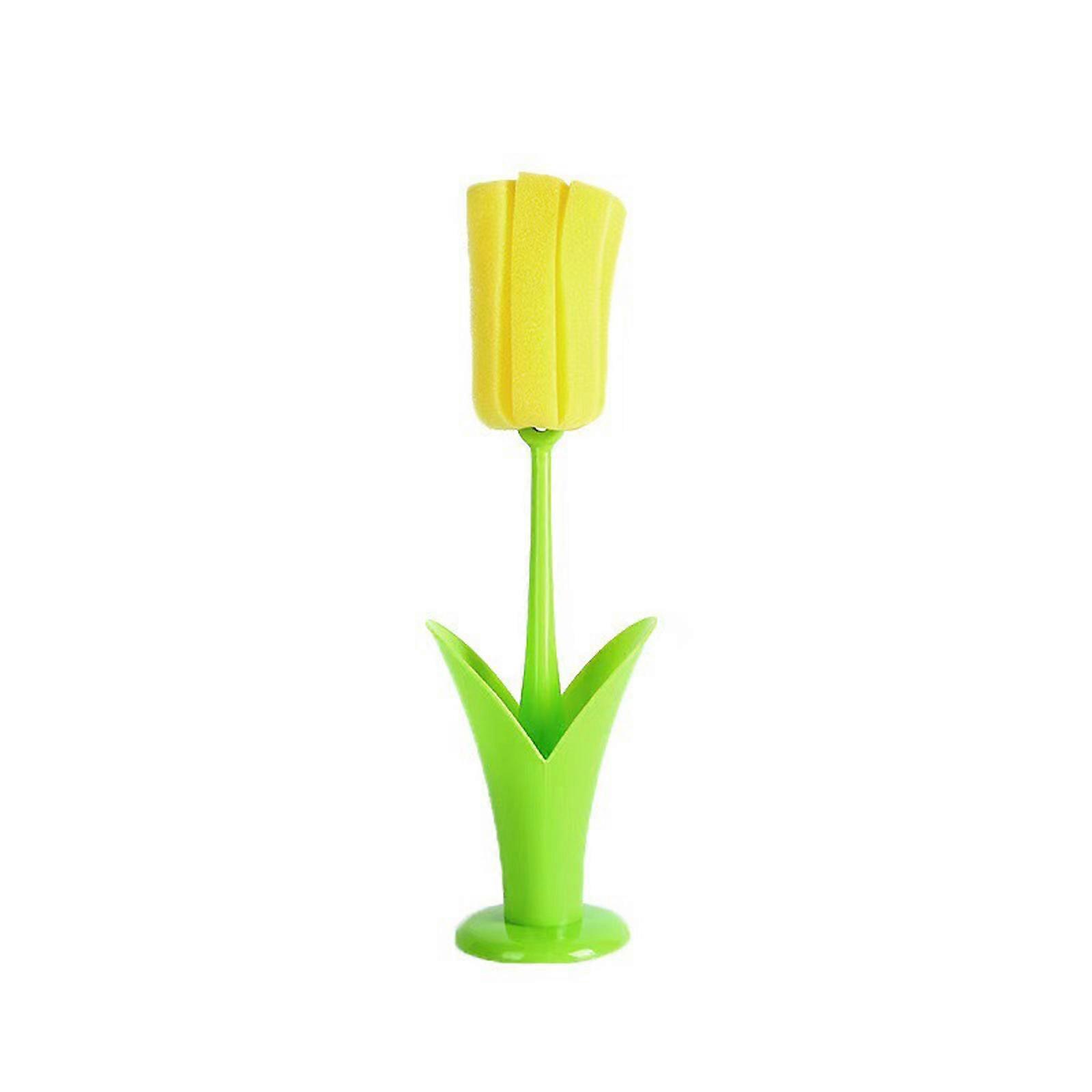 Flower Shape Cup Cleaning Brush With Detachable Sponge For Scrubbing And Long Handle Design Brush for Kitchen Use  Yellow