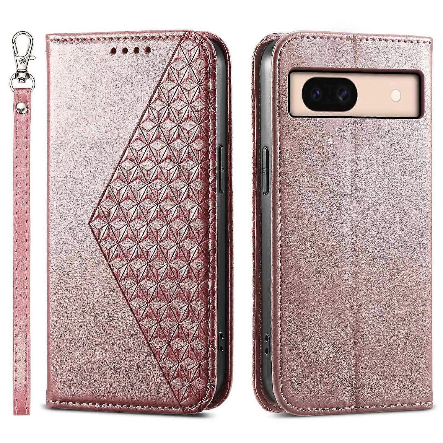 For Google Pixel 8a Case Imprinted Rhombus Pattern PU Leather Phone Cover with Handy Strap