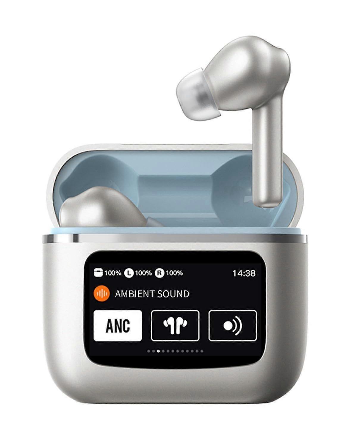 Bluetooth Headset Bluetooth 5.3 HiFi Stereo with LCD Smart Touch Screen Active Noise Cancellation(Silver)