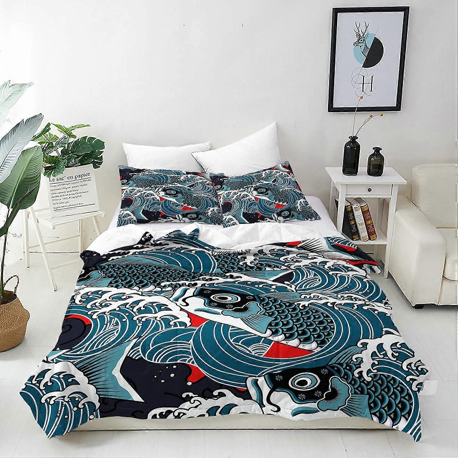 k66 ANHOPE Japanese Duvet Cover Set Soft Comforter Cover Wave Fish Carp Print Pattern 3 Piece Bedding Set with Pillowcase All Season Decorative Quilt