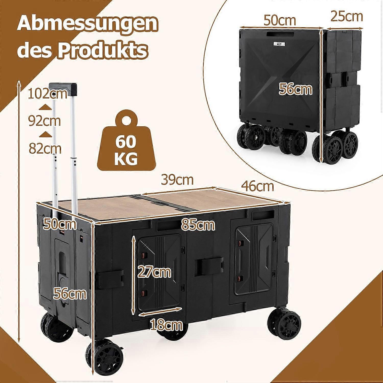 Folding trolley with table top, adjustable handle, black