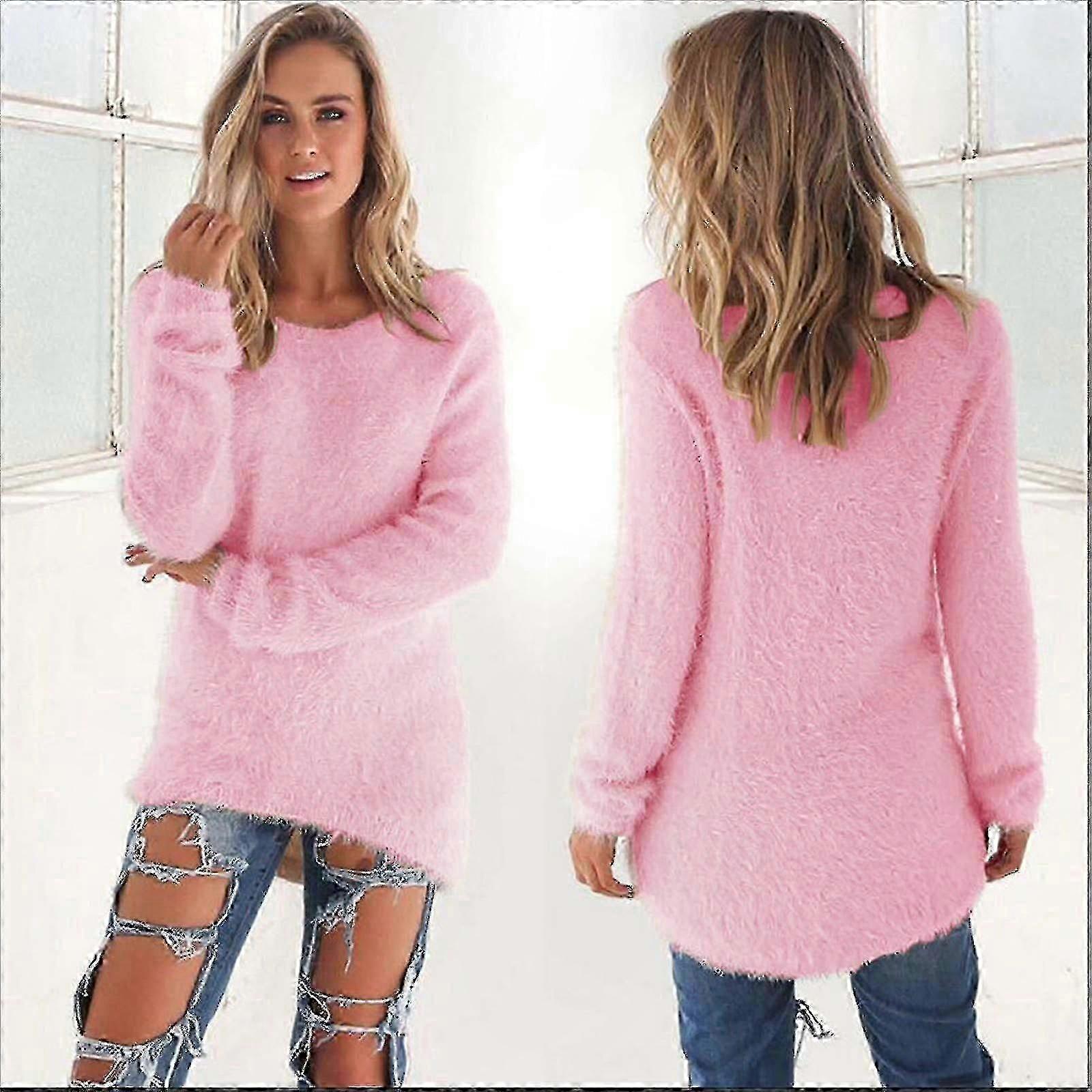 Flauschiger Langarm-Tunika-Pullover für Damen, einfarbig, weicher Pullover
