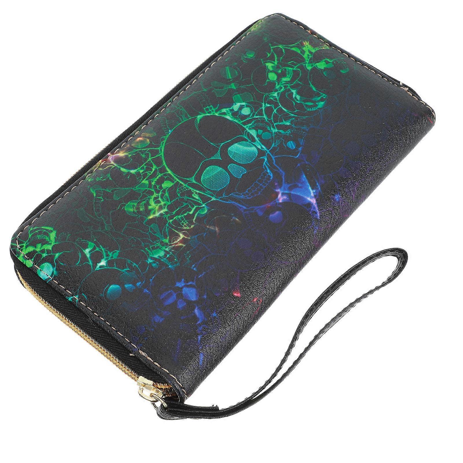 Multipurpose Storage Wallet Skull Pattern for Convenience 2Pcs Black PU