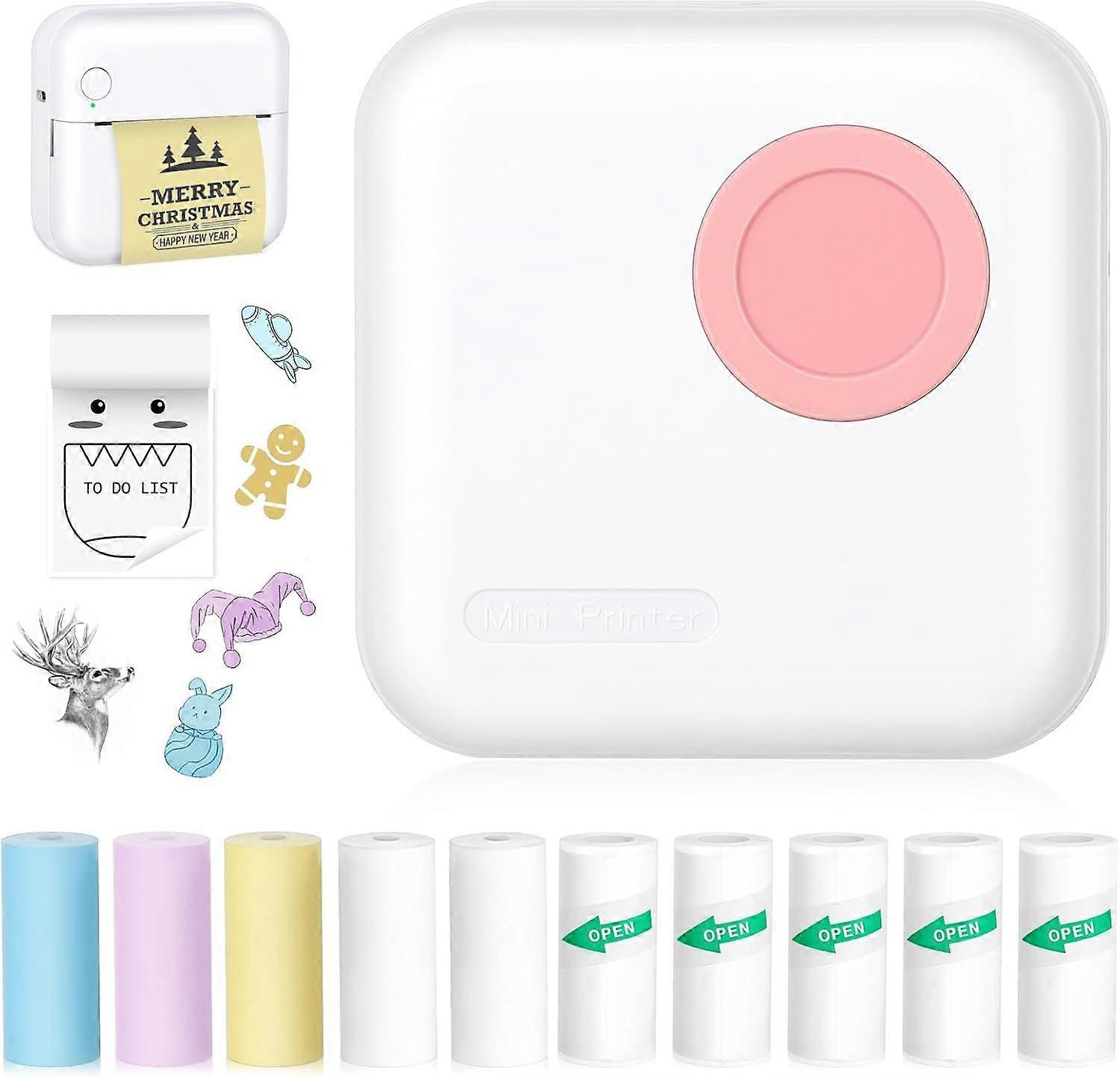 Inkless Thermal Printer with 10 Rolls of Thermal Paper and Stickers for iOS and Android Pink