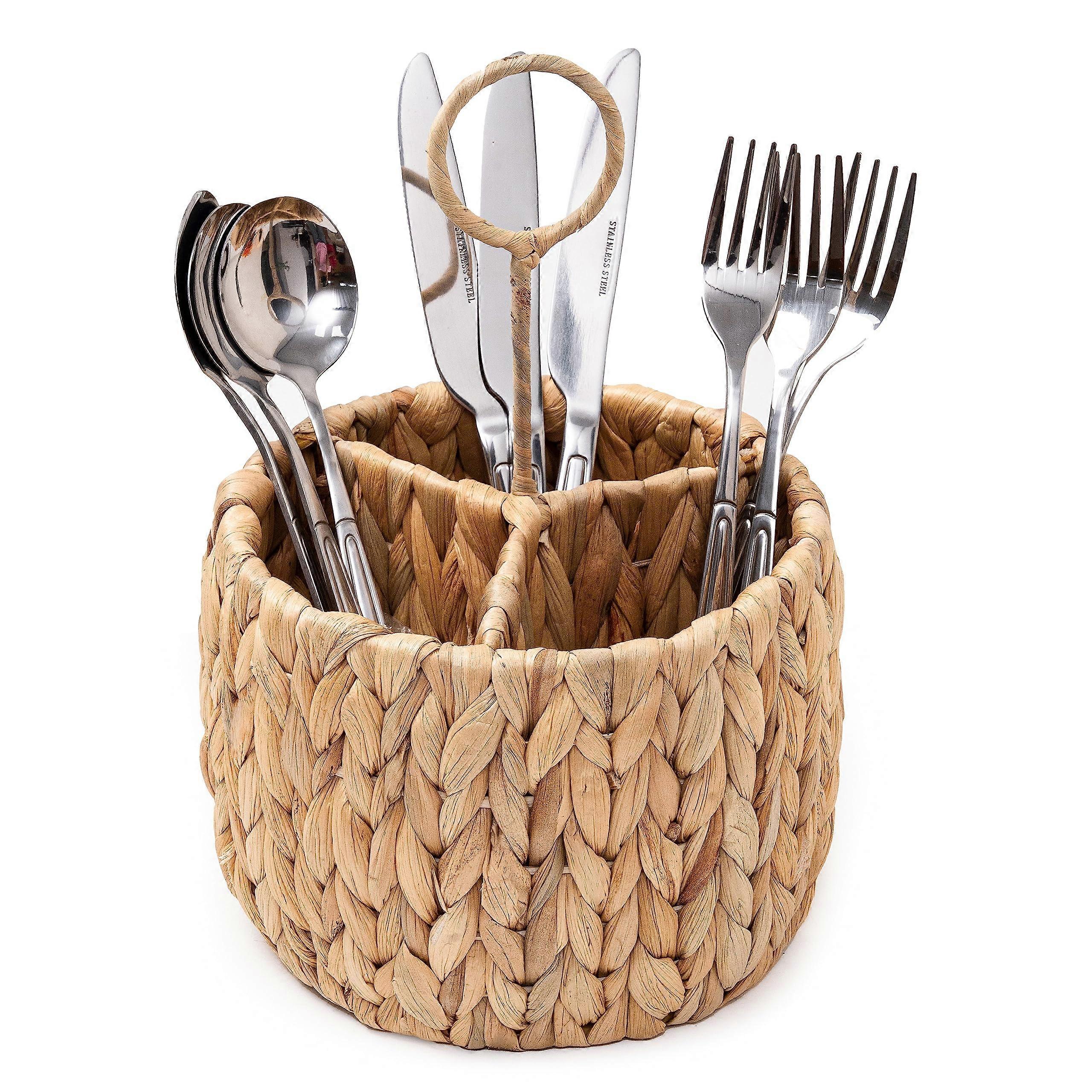 Wicker Flatware Organizer 3 Compartments Countertop Silverware Caddy Natural Woven Kitchen Utensil Holder